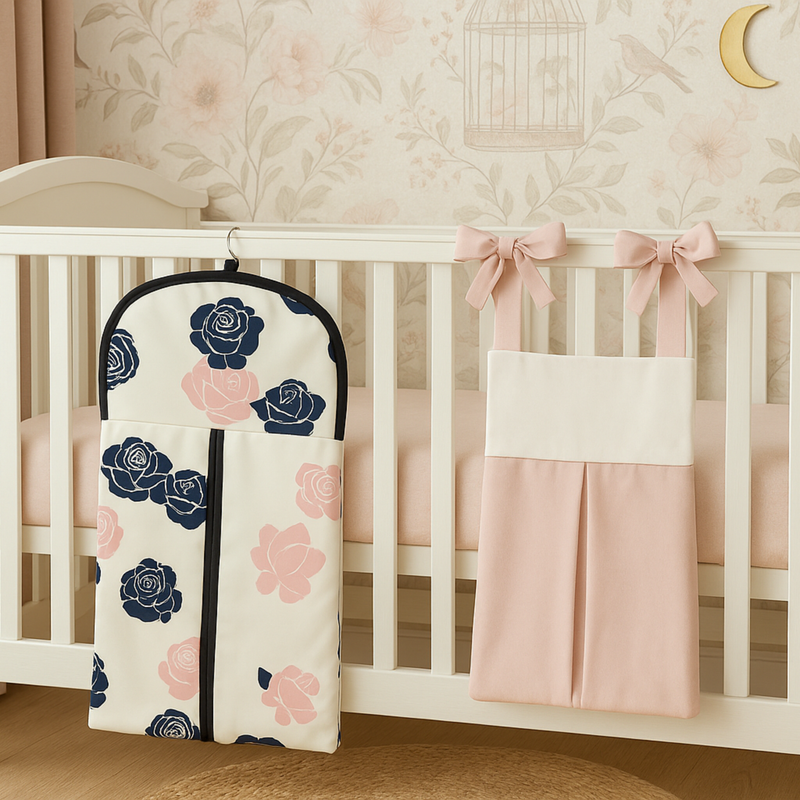 2 diaper stackers hanging on a crib