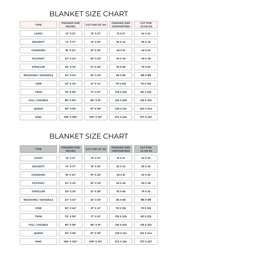 Printable Blanket Size Chart PDF